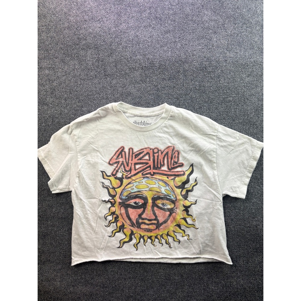 Sublime Graphic T-Shirt Womens S/M White Sun Logo Cropped Raw Hem Tee